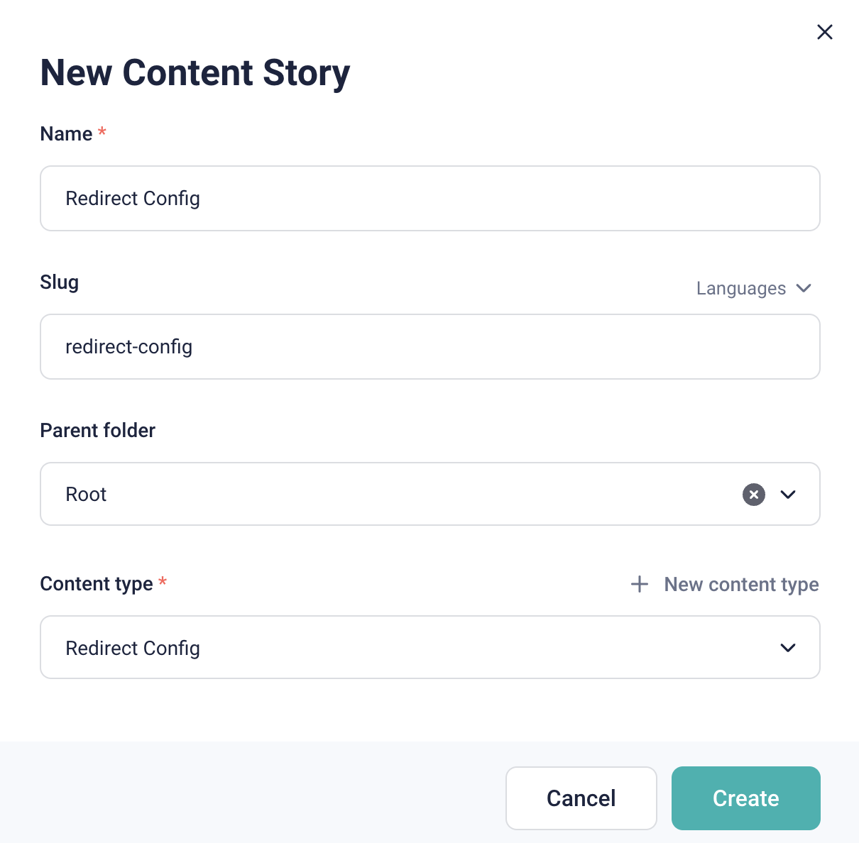 redirectConfig story in Storyblok